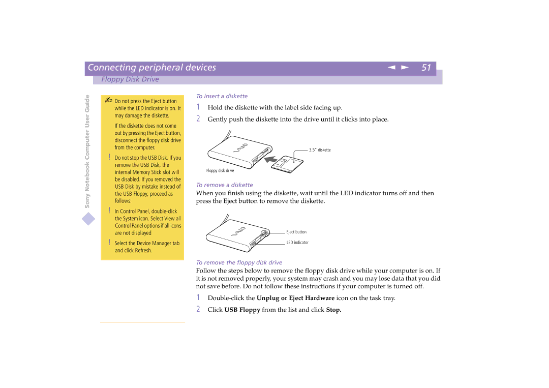 Sony PCG-C1VE manual To insert a diskette 