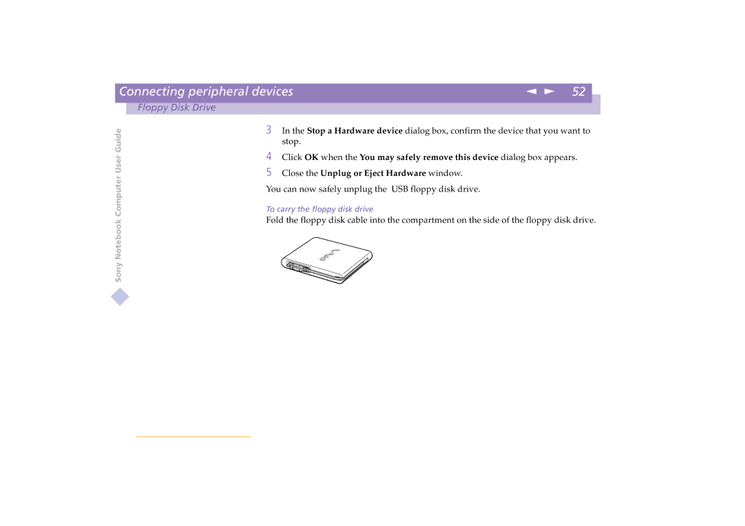 Sony PCG-C1VE manual To carry the floppy disk drive 