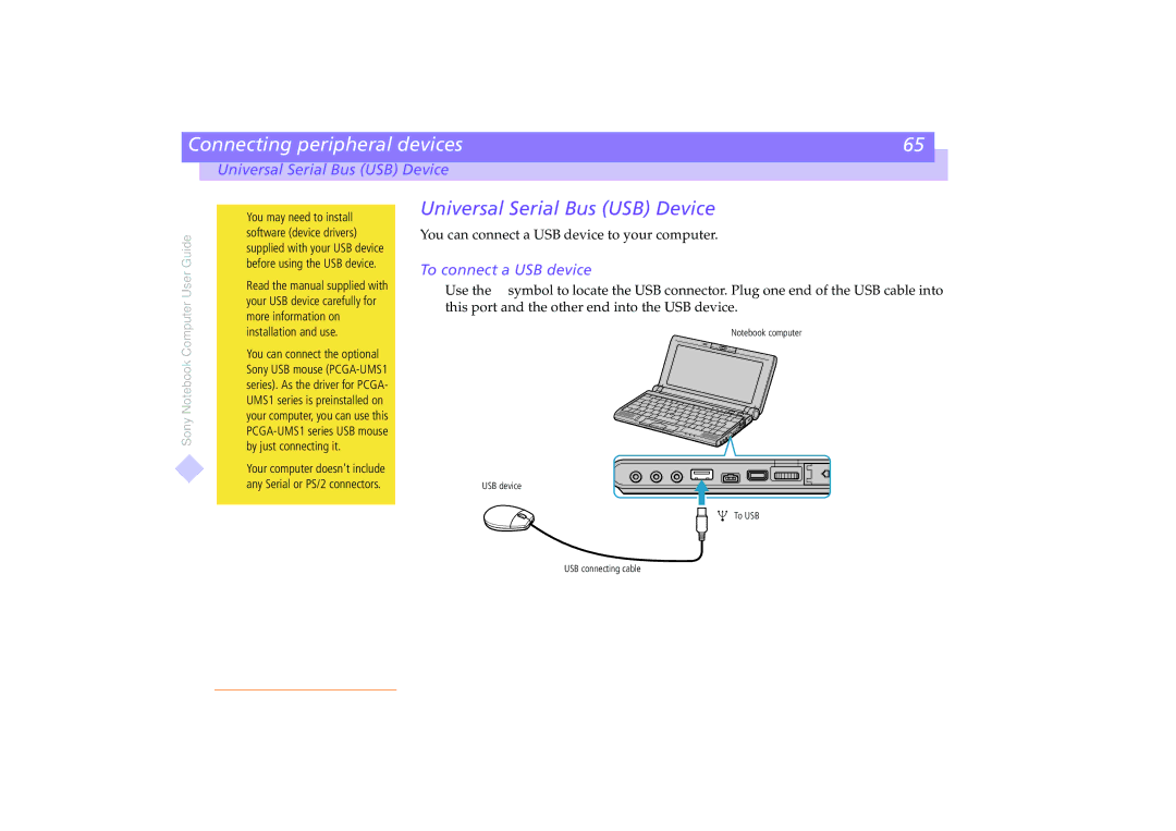 Sony PCG-C1VE manual Universal Serial Bus USB Device, To connect a USB device 