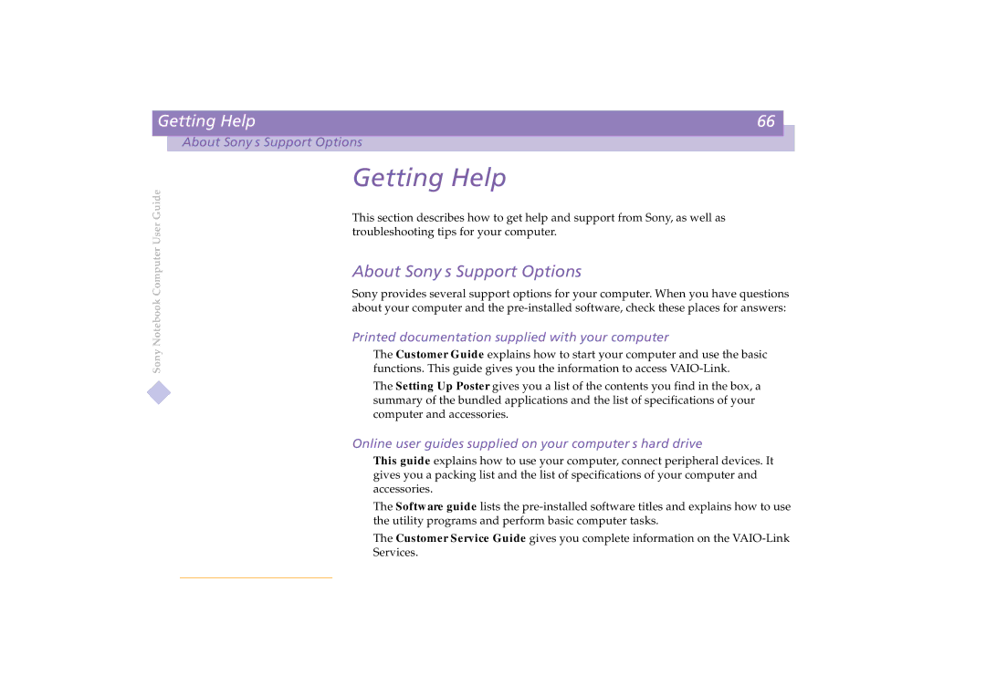 Sony PCG-C1VE manual About Sony’s Support Options, Printed documentation supplied with your computer 