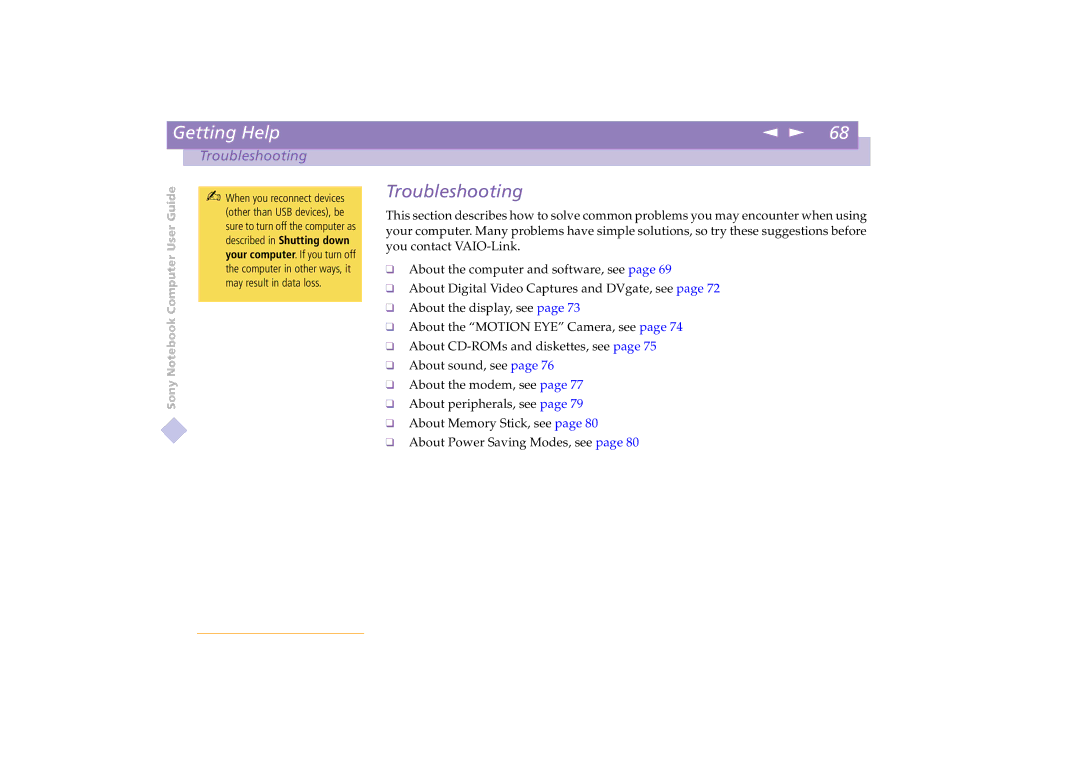 Sony PCG-C1VE manual Troubleshooting 