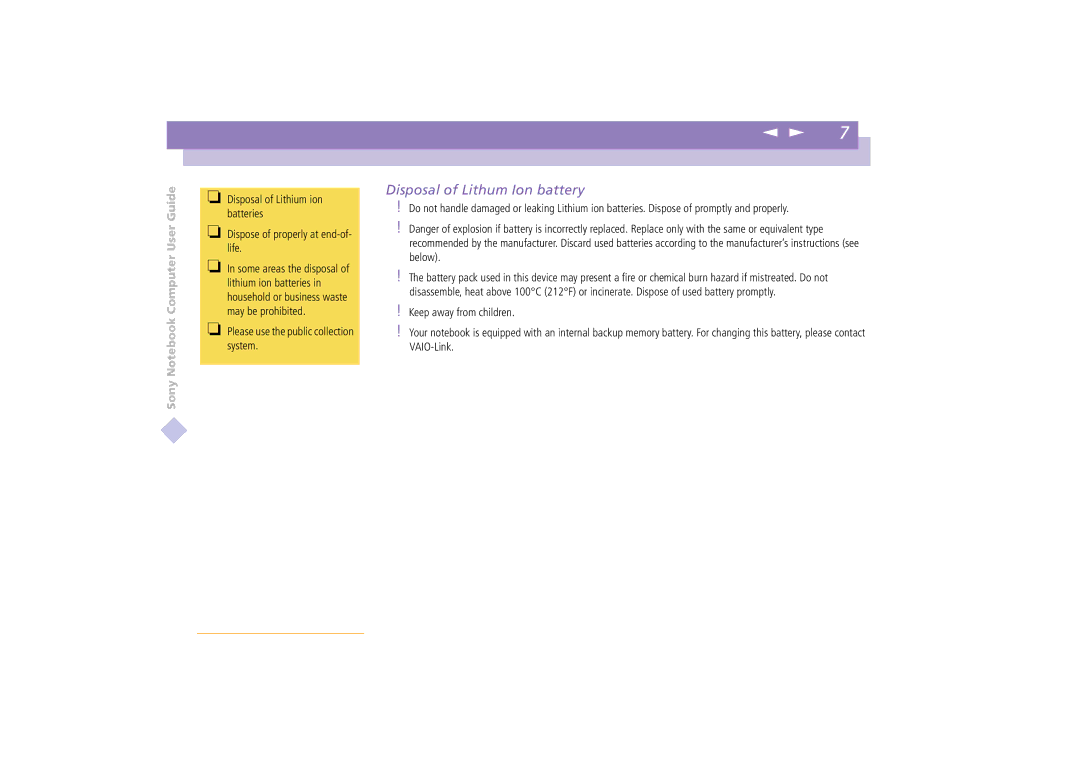 Sony PCG-C1VE manual Disposal of Lithum Ion battery, Dispose of properly at end-of- life 