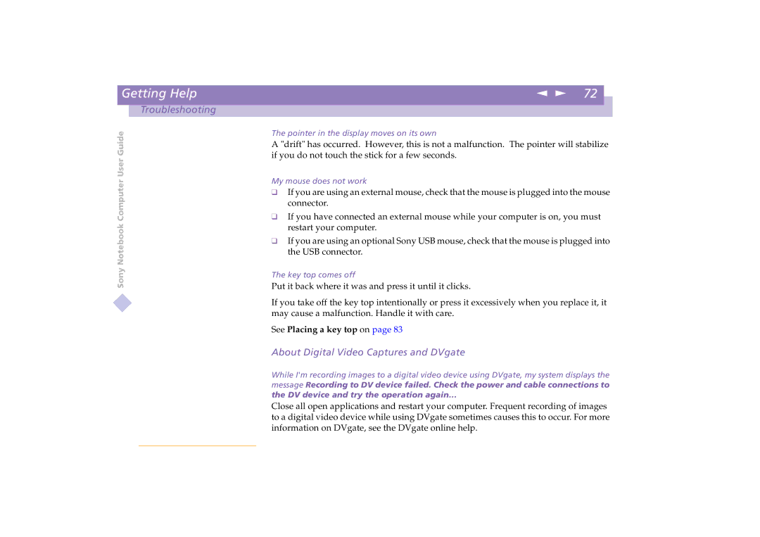 Sony PCG-C1VE manual About Digital Video Captures and DVgate, Put it back where it was and press it until it clicks 