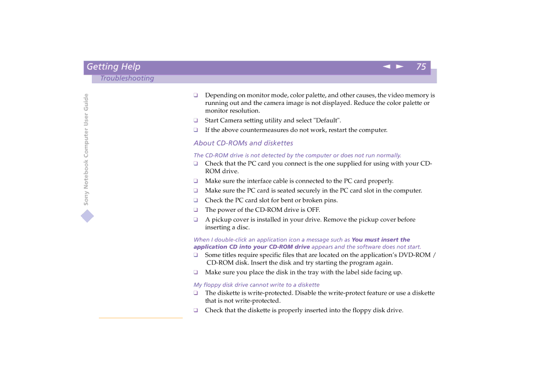 Sony PCG-C1VE manual About CD-ROMs and diskettes 