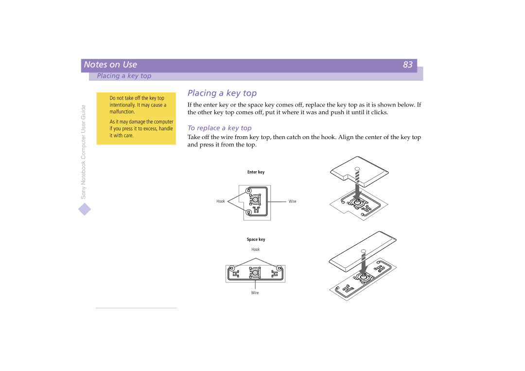 Sony PCG-C1VE manual Placing a key top, To replace a key top 