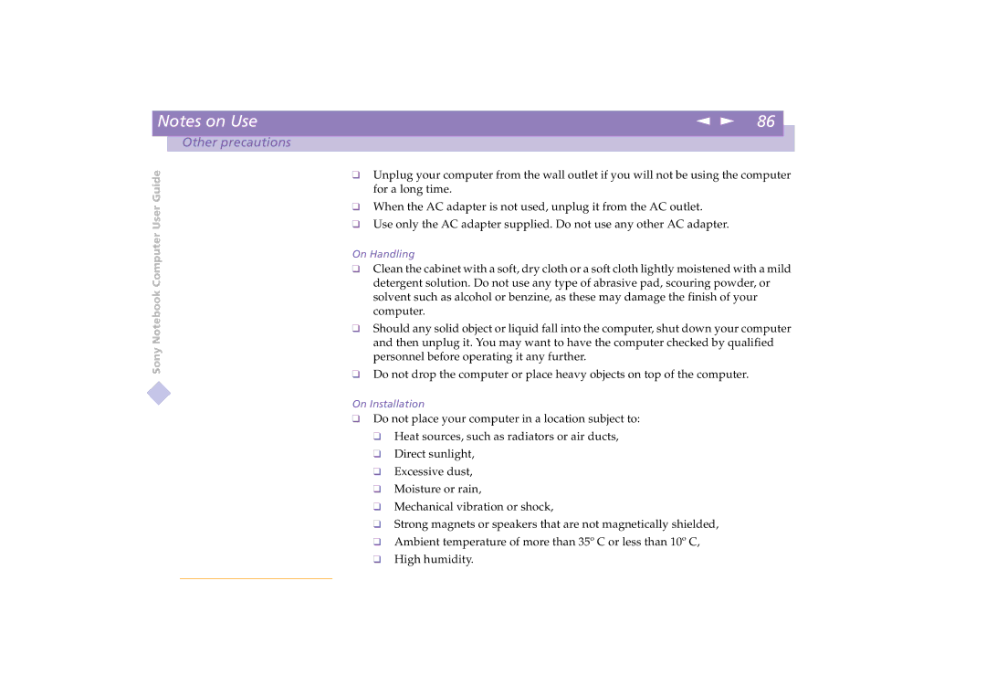 Sony PCG-C1VE manual On Handling 