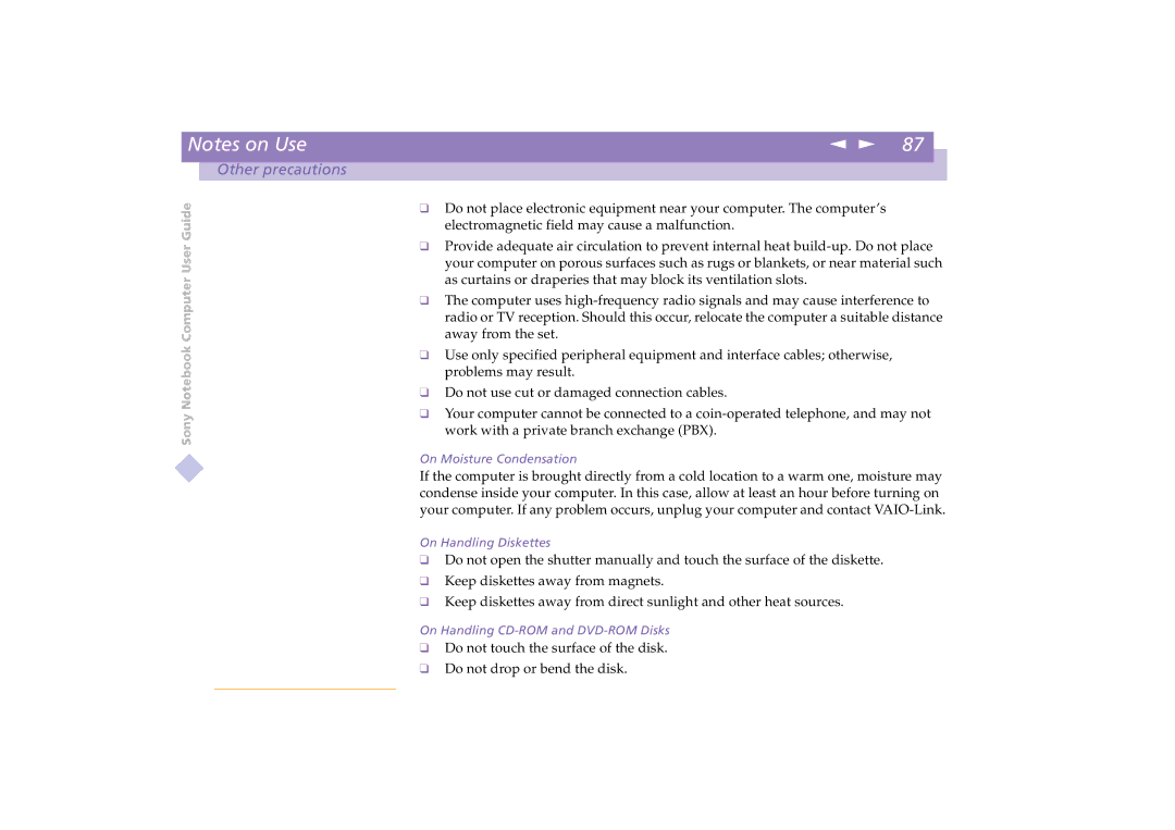 Sony PCG-C1VE manual On Moisture Condensation 