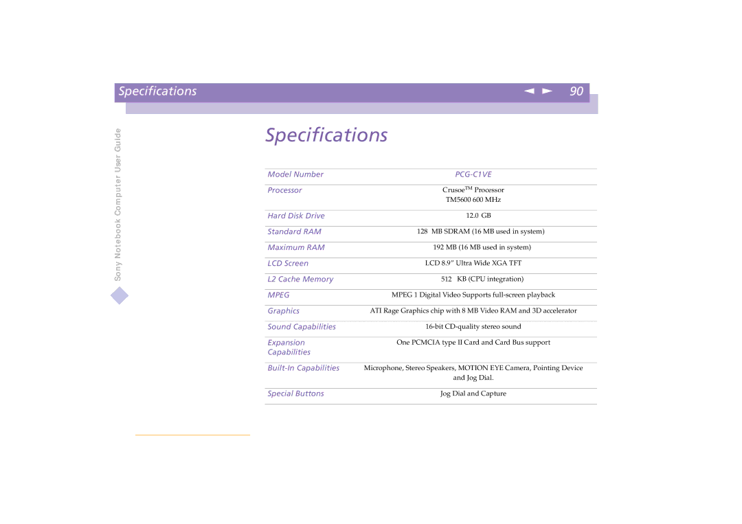 Sony PCG-C1VE manual Specifications 