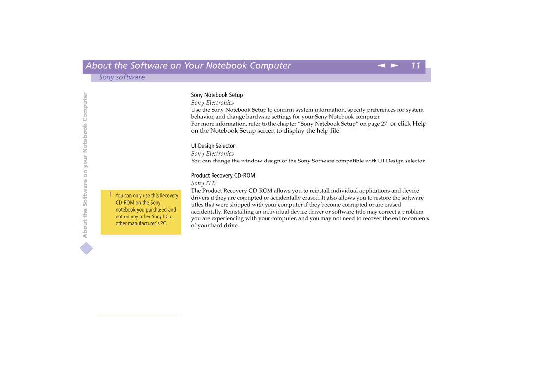 Sony PCG-C1XD manual Sony Notebook Setup, UI Design Selector, Product Recovery CD-ROM 