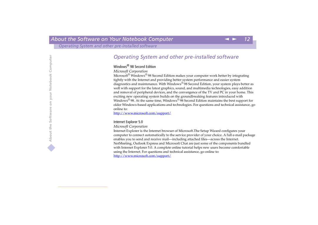 Sony PCG-C1XD manual Operating System and other pre-installed software, Windows 98 Second Edition, Internet Explorer 