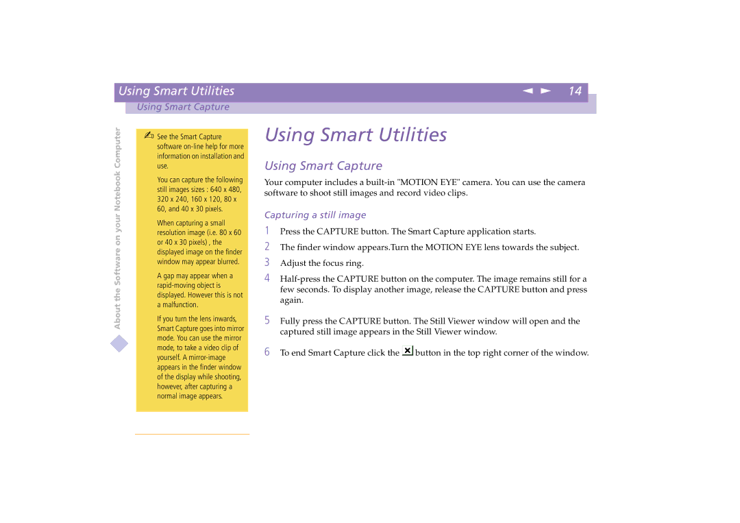 Sony PCG-C1XD manual Using Smart Capture, Capturing a still image 