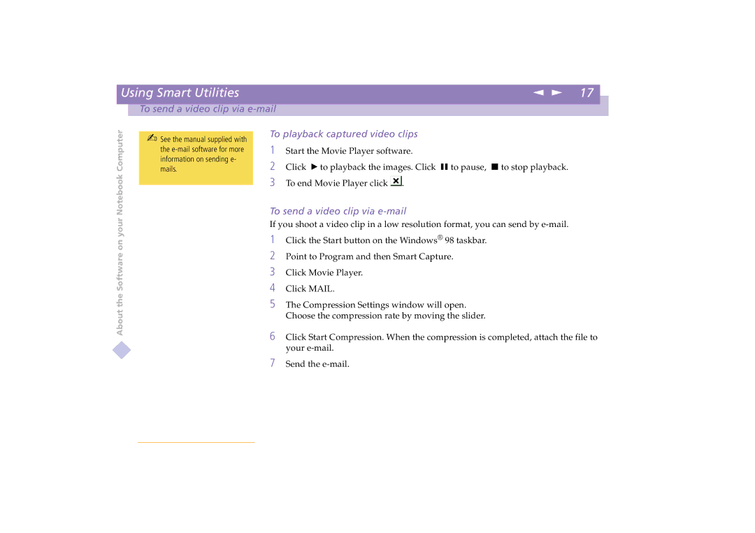 Sony PCG-C1XD manual To send a video clip via e-mail, To playback captured video clips 