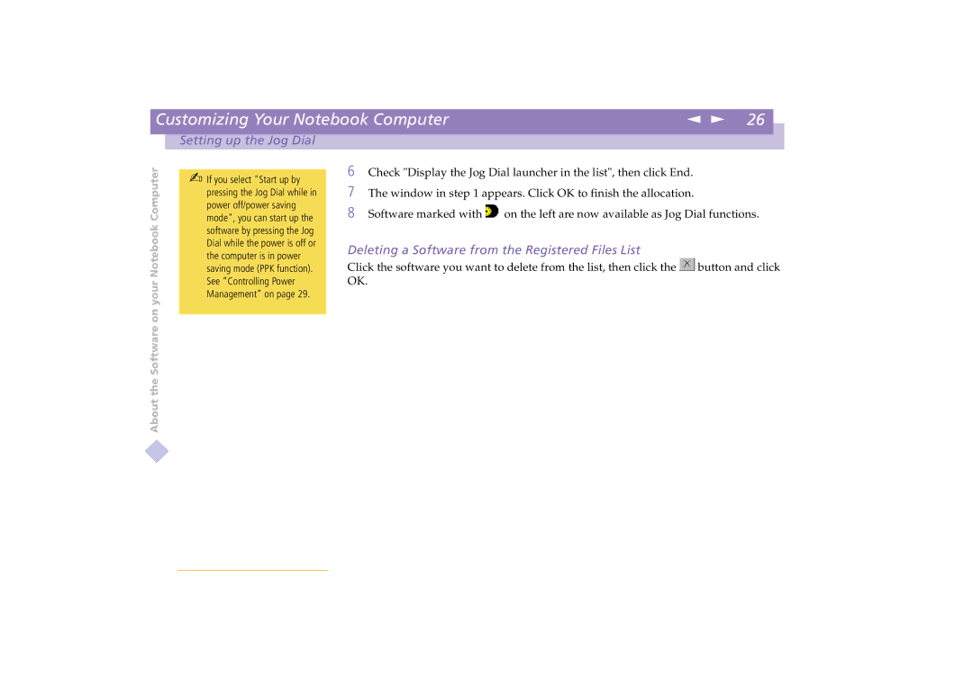 Sony PCG-C1XD manual Deleting a Software from the Registered Files List 