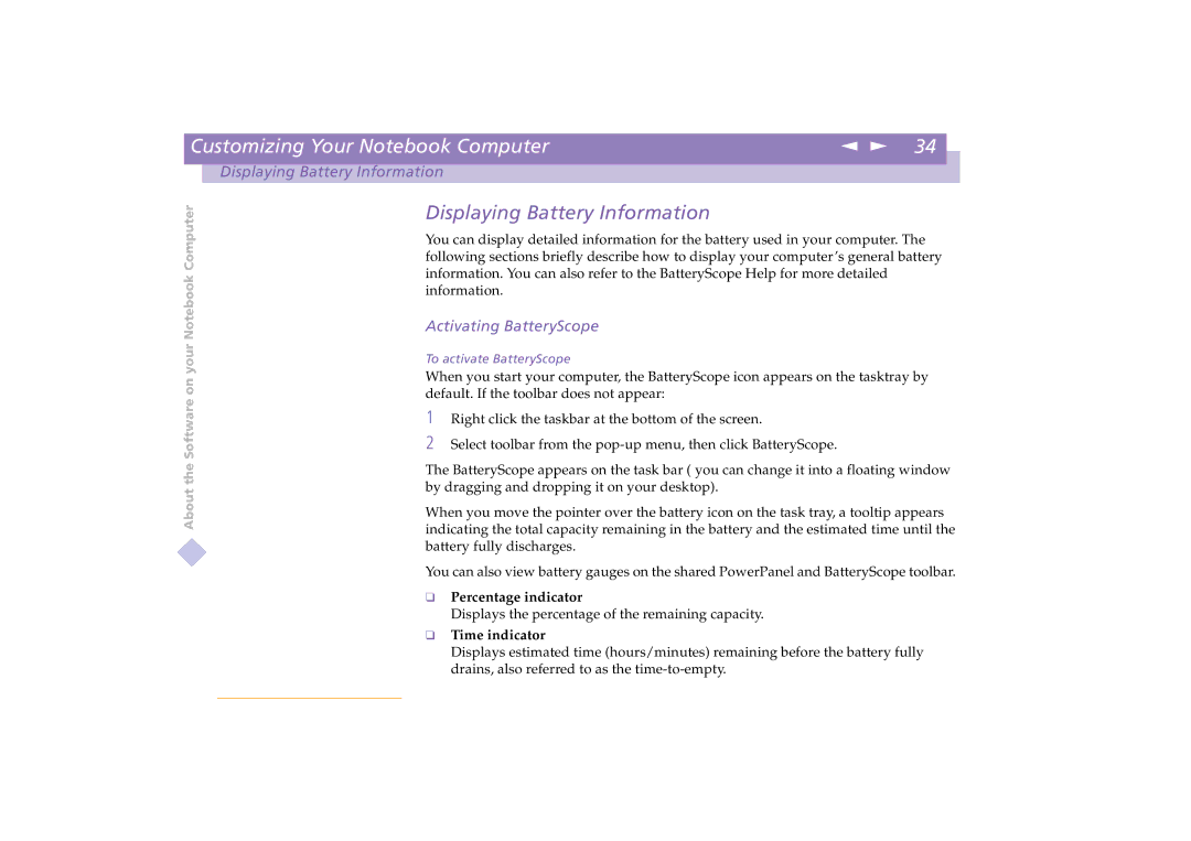 Sony PCG-C1XD manual Displaying Battery Information, Activating BatteryScope 