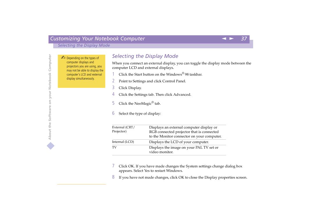 Sony PCG-C1XD manual Selecting the Display Mode 