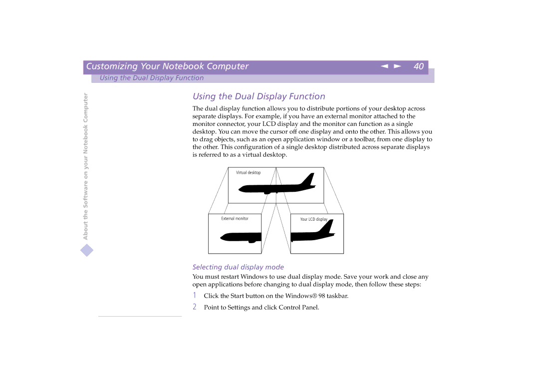 Sony PCG-C1XD manual Using the Dual Display Function, Selecting dual display mode 