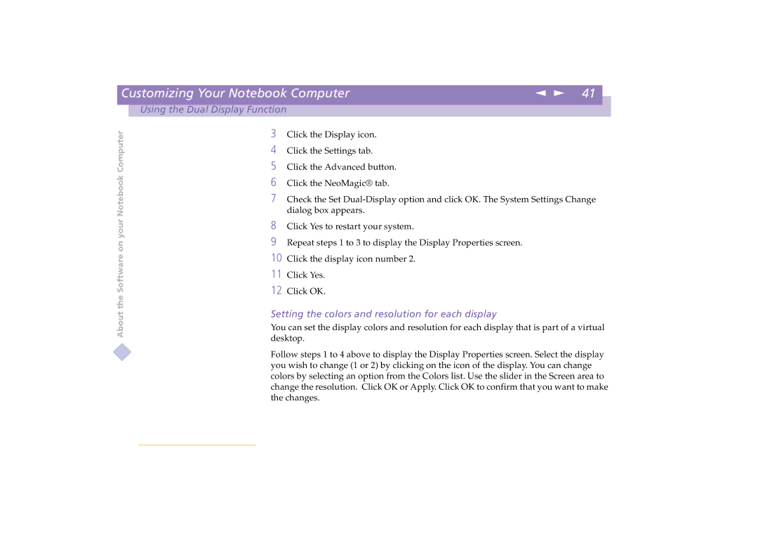 Sony PCG-C1XD manual Setting the colors and resolution for each display 