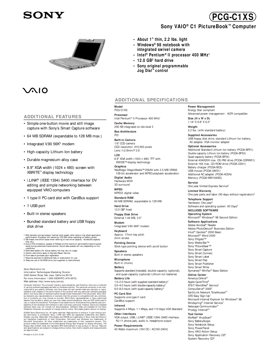 Sony PCG-C1XS warranty Lcd, Mpeg, Included Software 