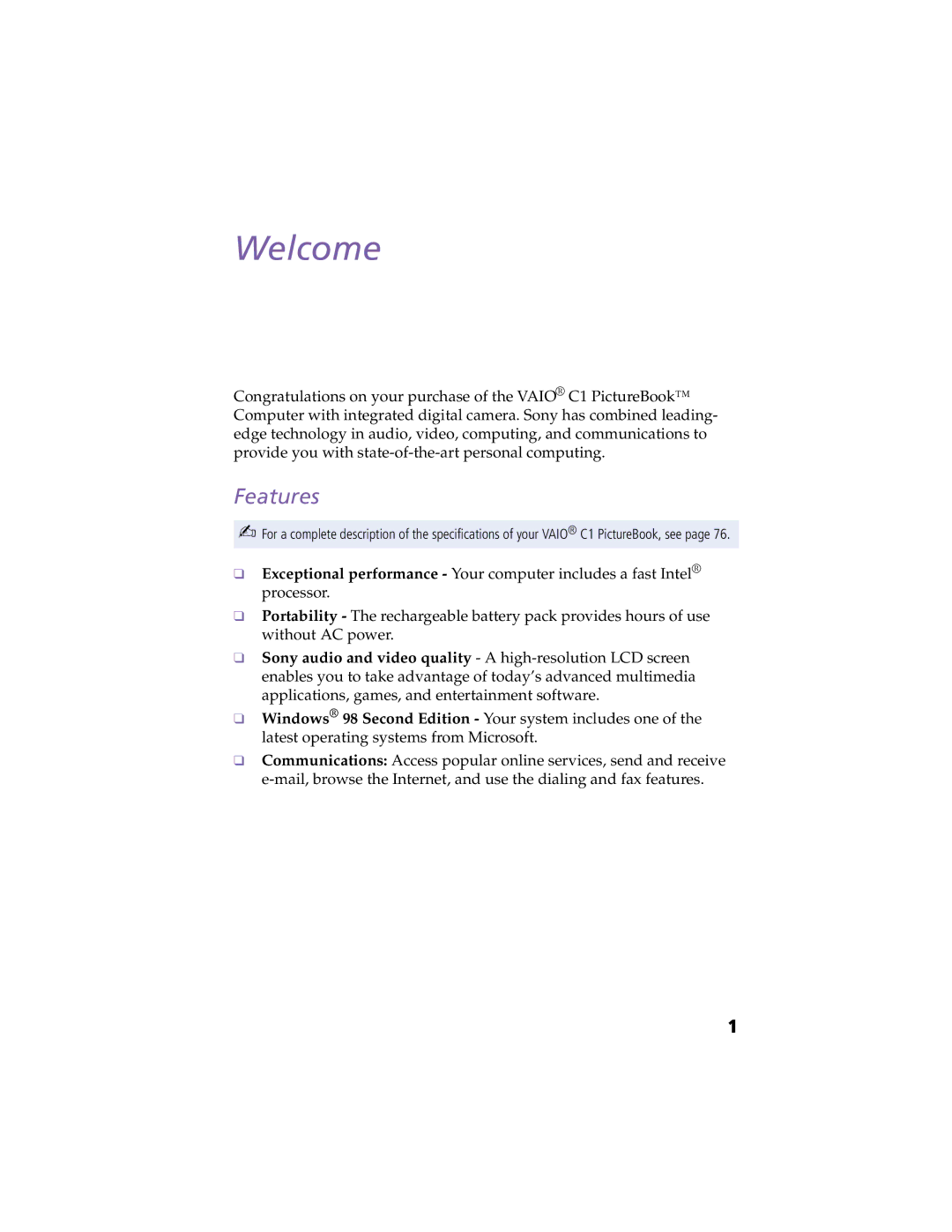 Sony PCG-C1XS manual Welcome, Features 