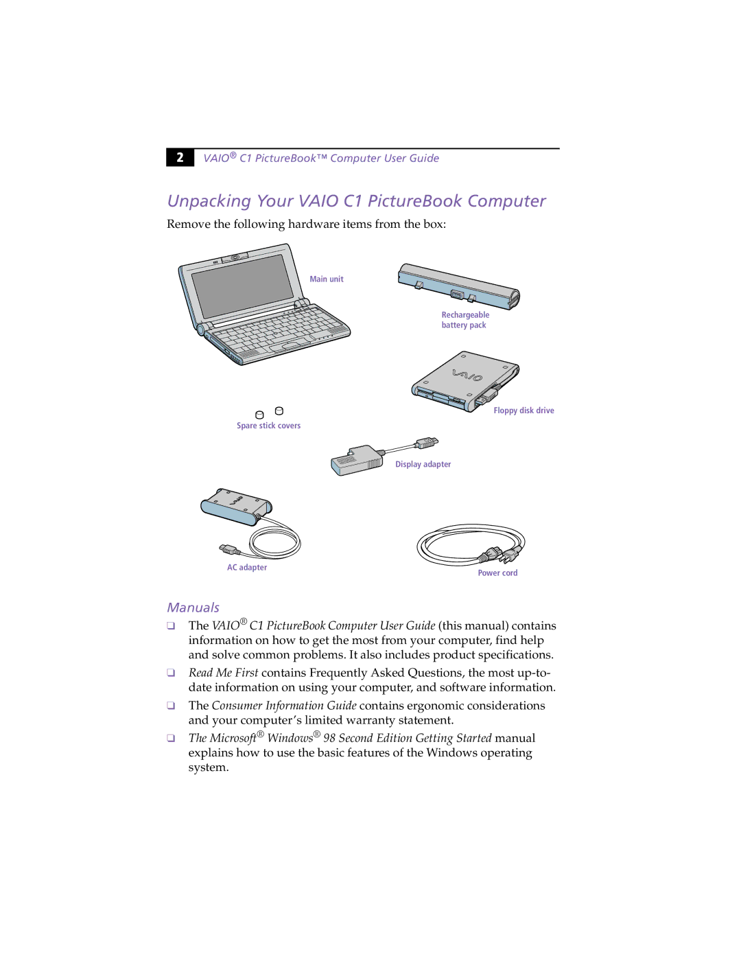 Sony PCG-C1XS manual Unpacking Your Vaio C1 PictureBook Computer, Manuals, Vaio C1 PictureBook Computer User Guide 