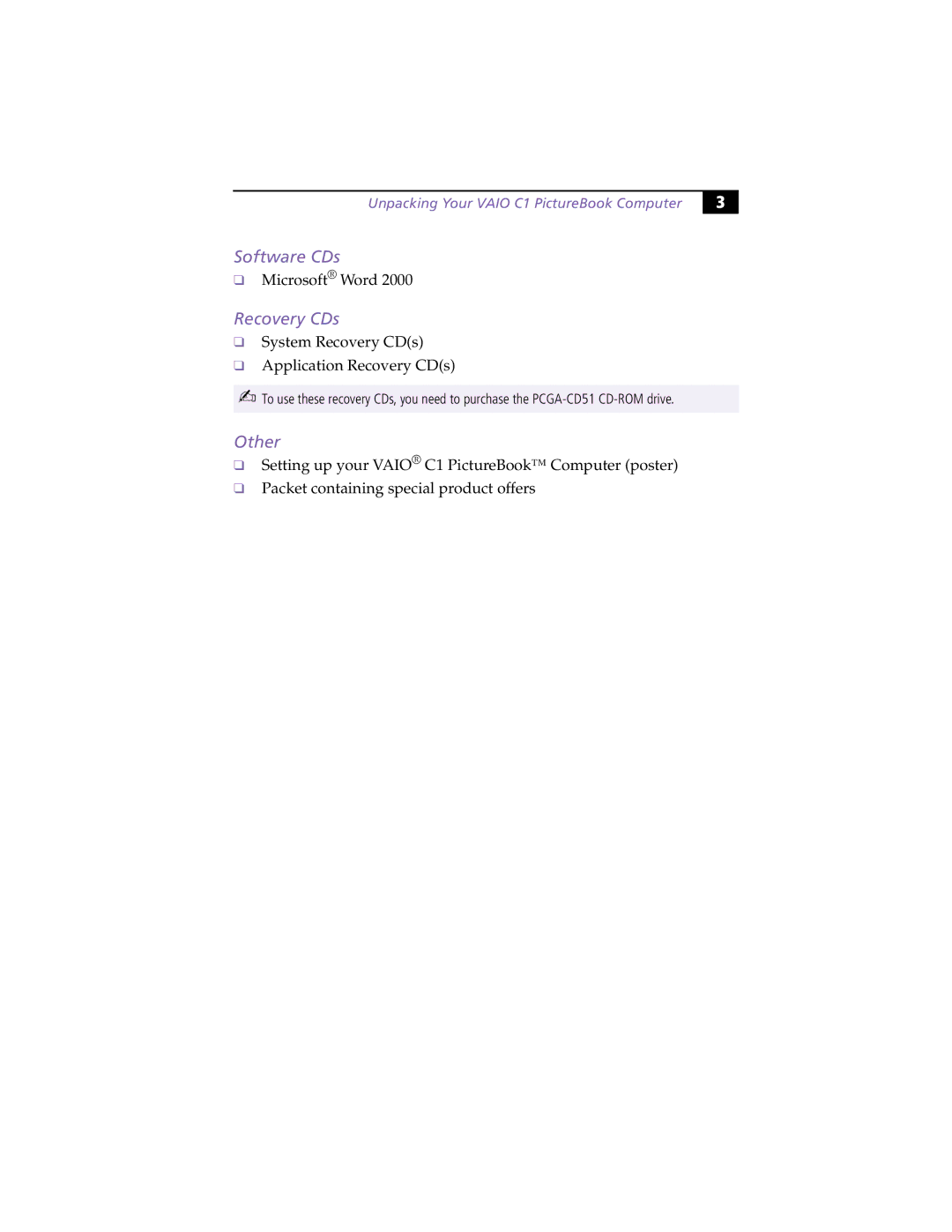 Sony PCG-C1XS manual Software CDs, Recovery CDs, Other, Unpacking Your Vaio C1 PictureBook Computer 