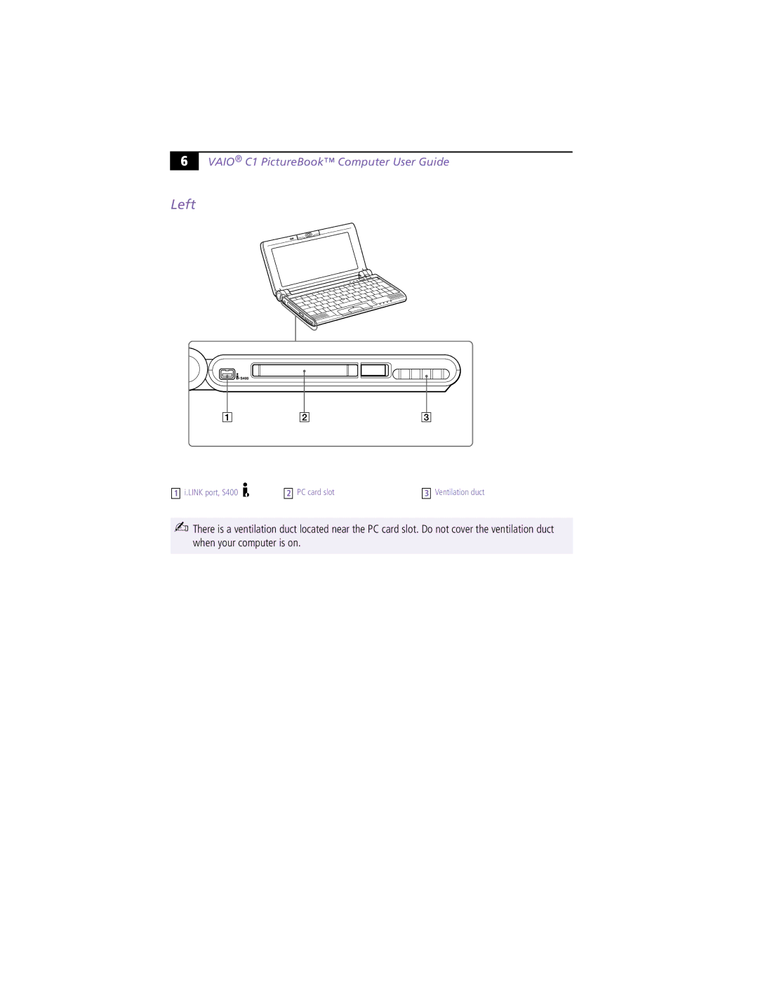 Sony PCG-C1XS manual Left, Vaio C1 PictureBook Computer User Guide 