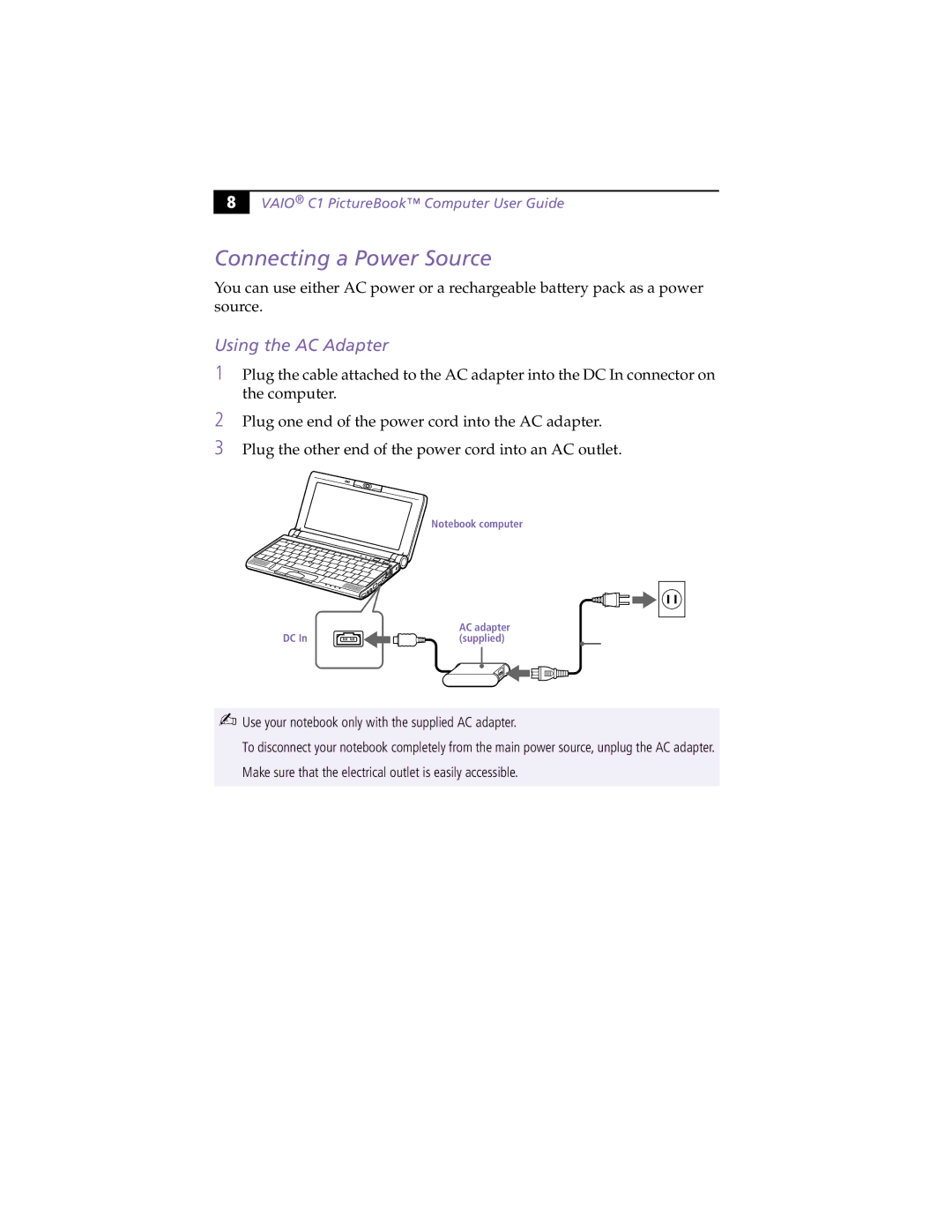 Sony PCG-C1XS manual Connecting a Power Source, Using the AC Adapter 