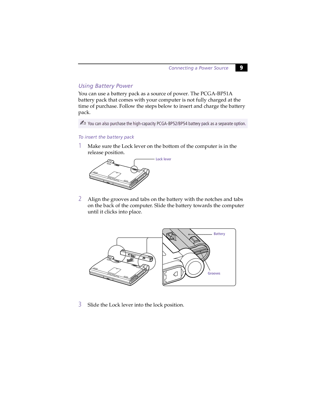 Sony PCG-C1XS manual Using Battery Power, Connecting a Power Source, To insert the battery pack 