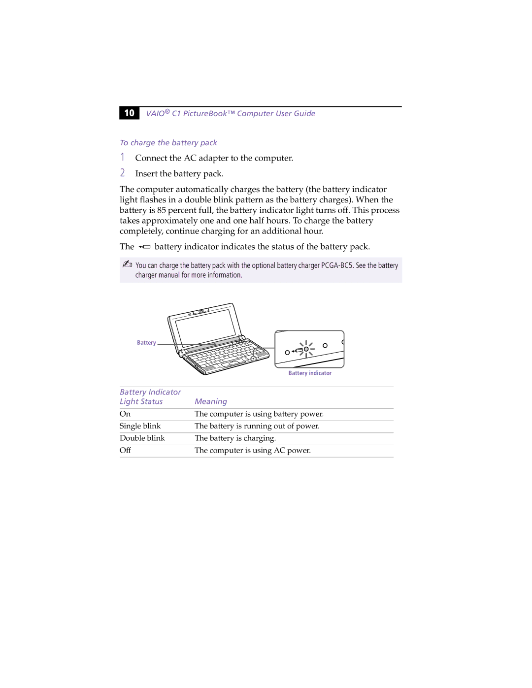 Sony PCG-C1XS manual Battery Indicator Light Status Meaning 