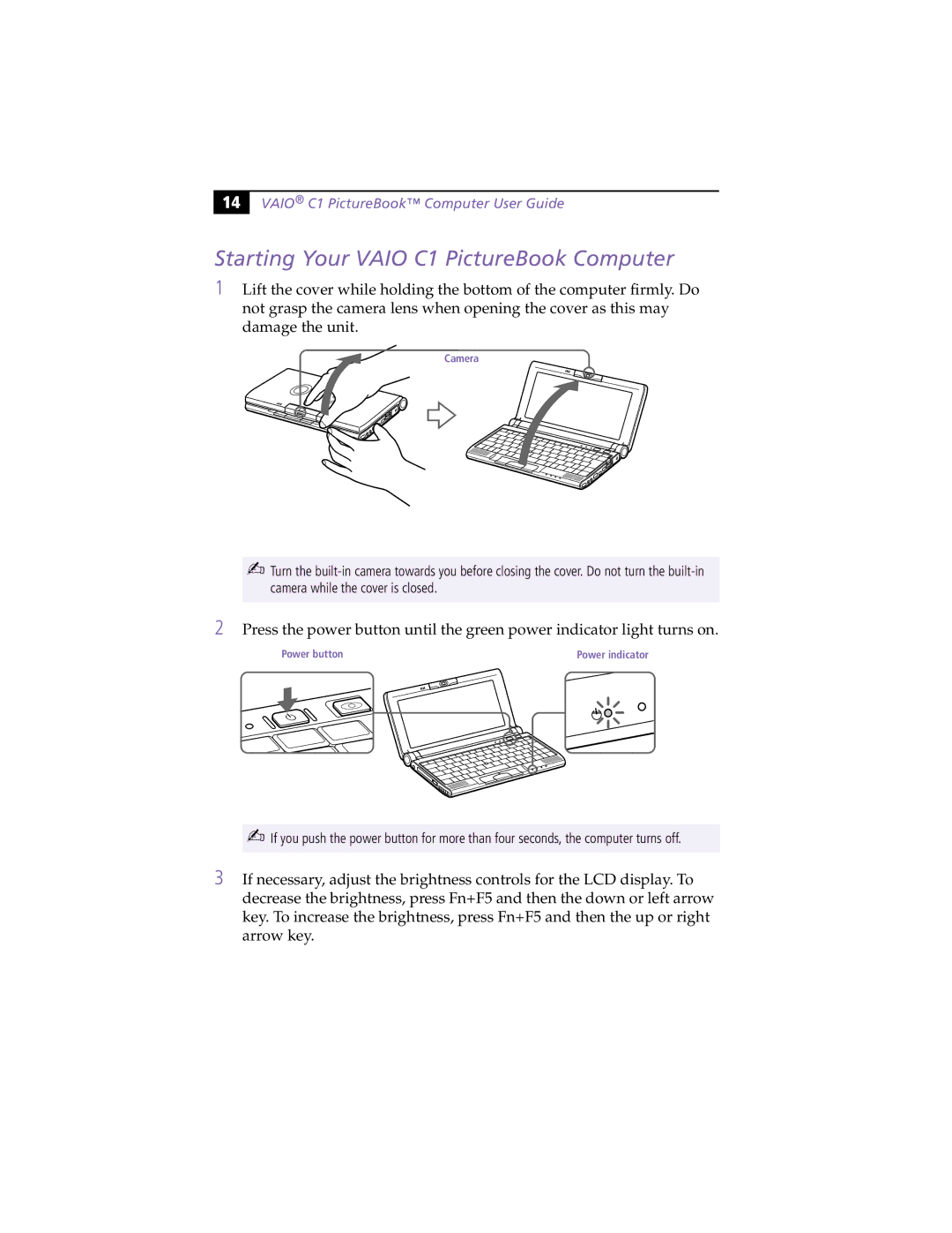 Sony PCG-C1XS manual Starting Your Vaio C1 PictureBook Computer, Vaio C1 PictureBook Computer User Guide 