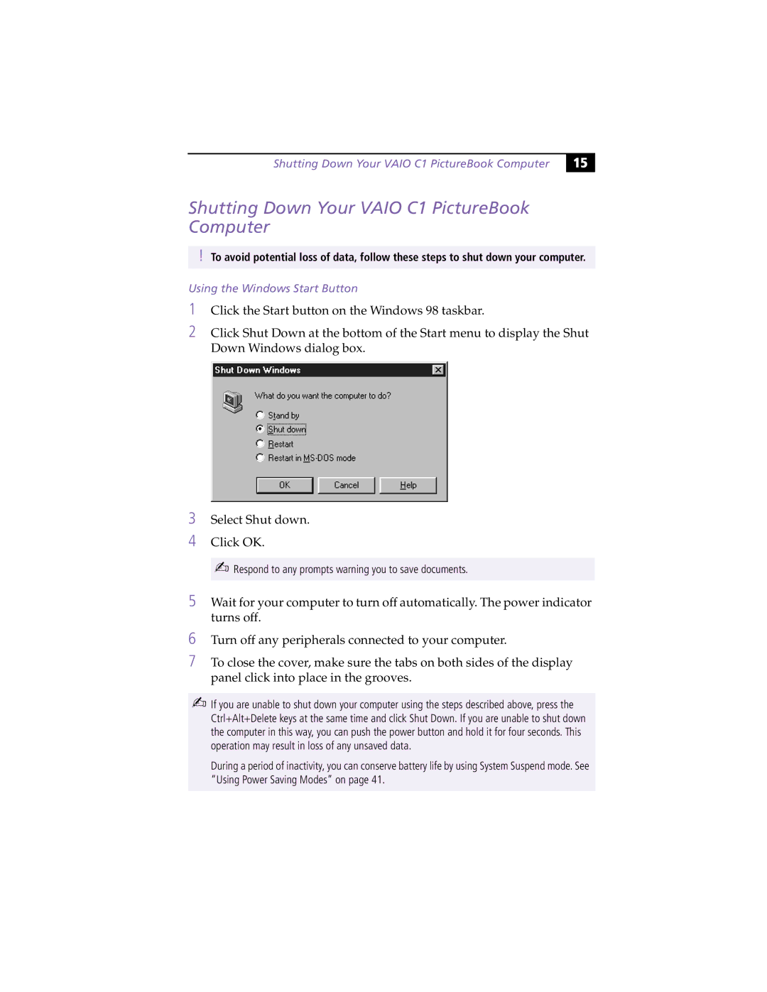 Sony PCG-C1XS manual Shutting Down Your Vaio C1 PictureBook Computer, Using the Windows Start Button 