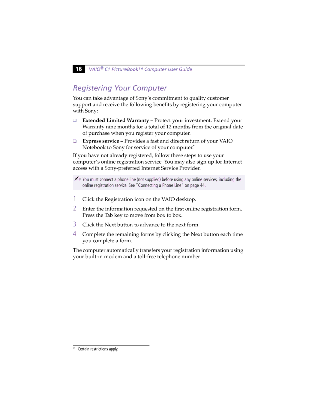 Sony PCG-C1XS manual Registering Your Computer 