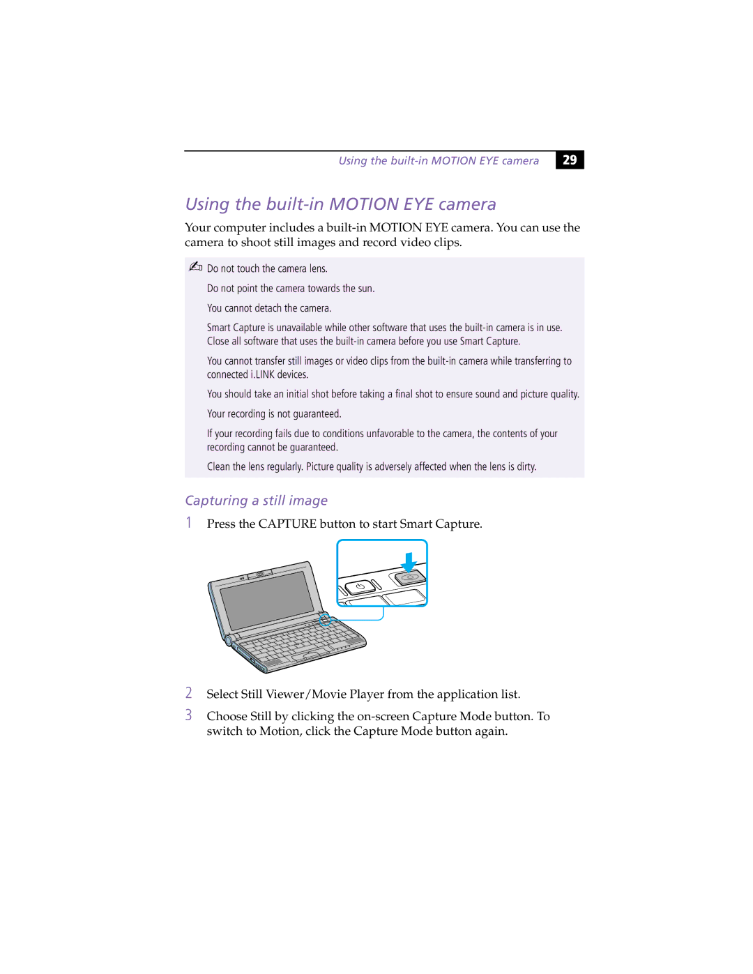 Sony PCG-C1XS manual Using the built-in Motion EYE camera, Capturing a still image 