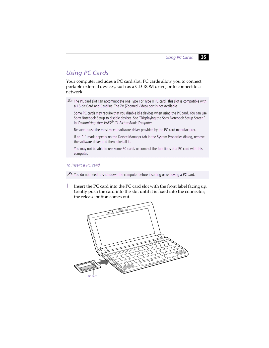 Sony PCG-C1XS manual Using PC Cards, To insert a PC card 