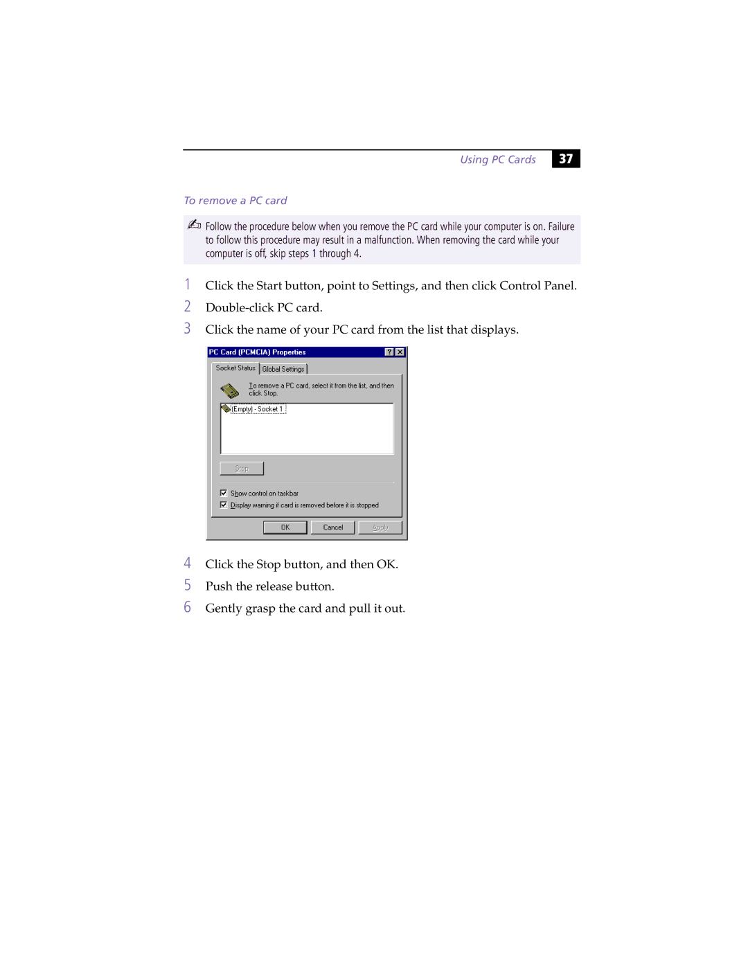 Sony PCG-C1XS manual Using PC Cards To remove a PC card 