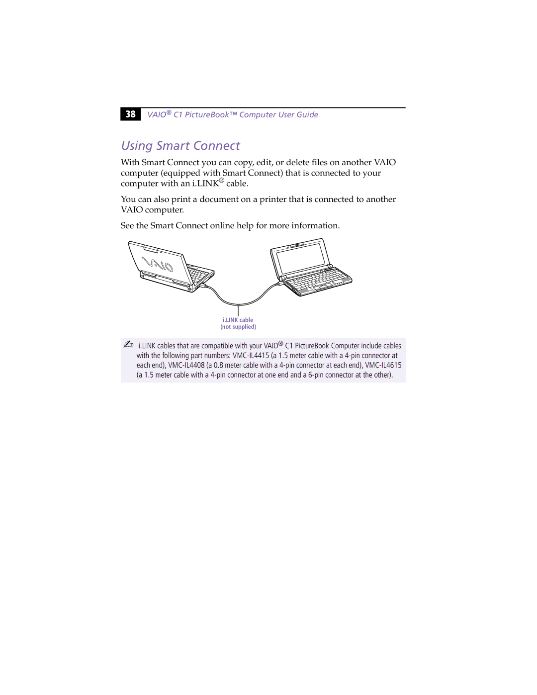 Sony PCG-C1XS manual Using Smart Connect, Link cable not supplied 