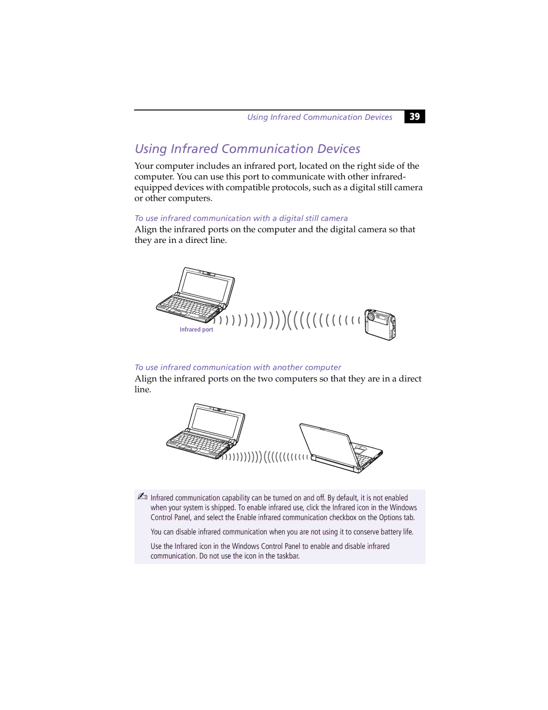 Sony PCG-C1XS manual Using Infrared Communication Devices, To use infrared communication with a digital still camera 