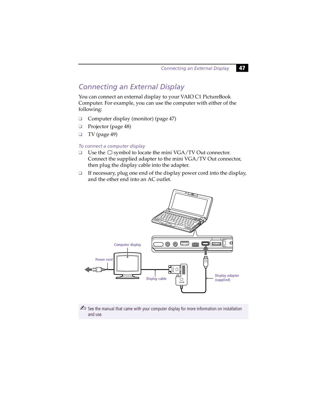 Sony PCG-C1XS manual Connecting an External Display, To connect a computer display 