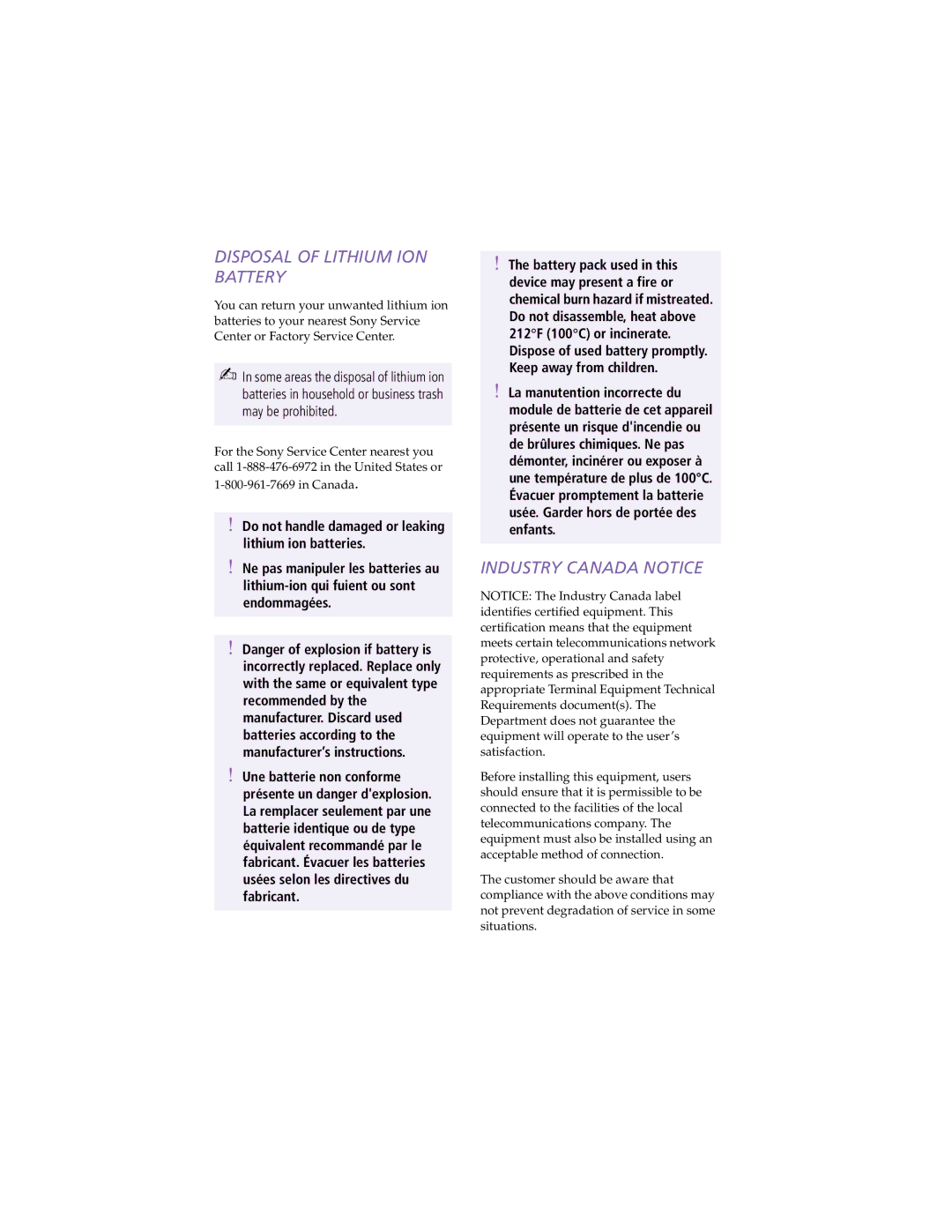 Sony PCG-C1XS manual Disposal of Lithium ION Battery 