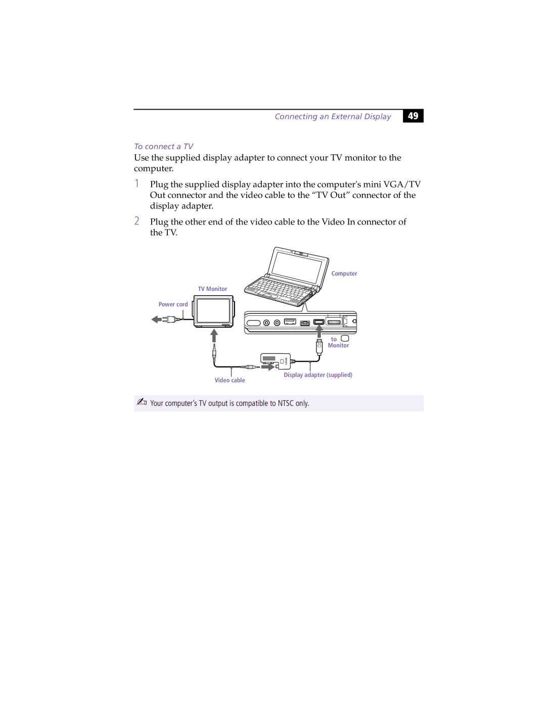 Sony PCG-C1XS manual Connecting an External Display To connect a TV 