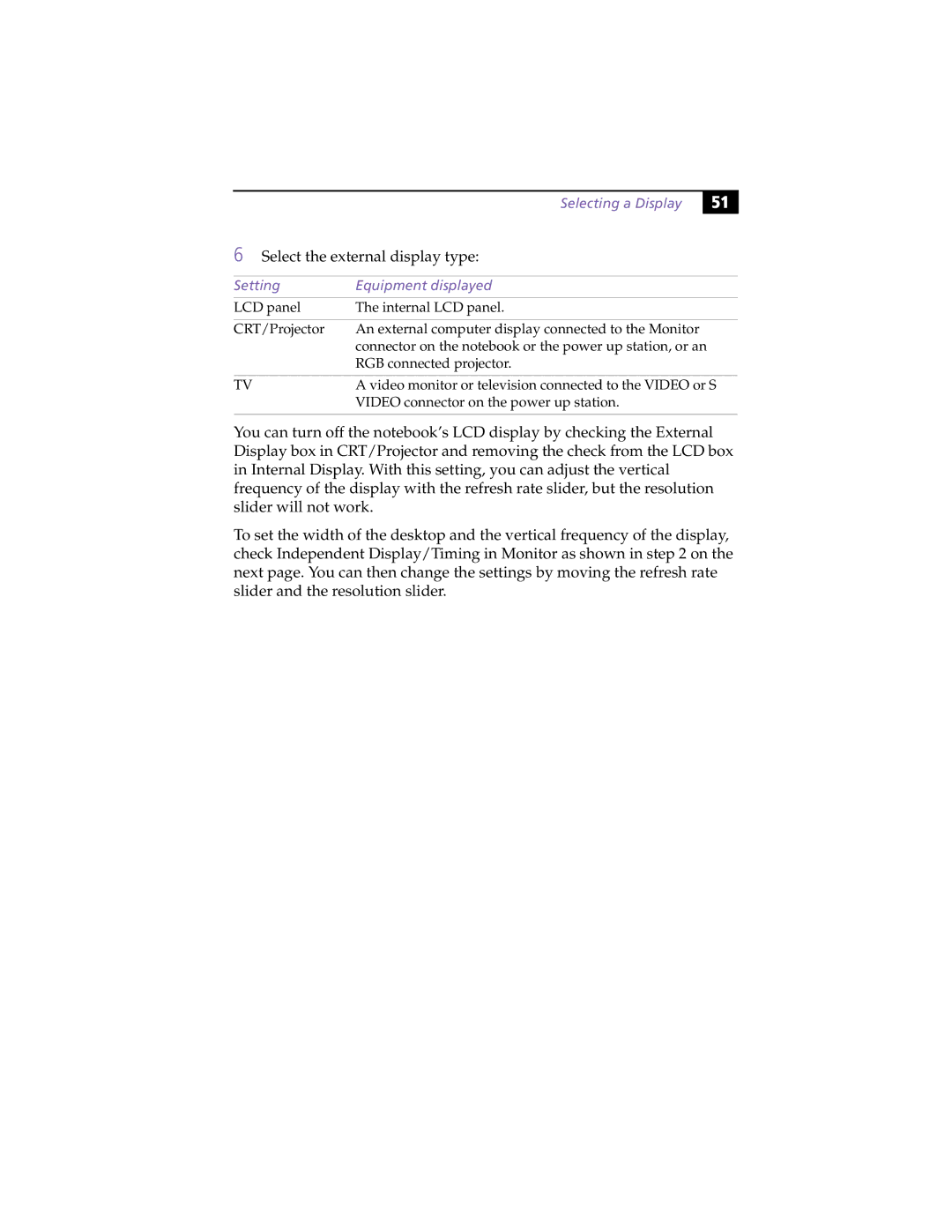 Sony PCG-C1XS manual Selecting a Display, Setting Equipment displayed 