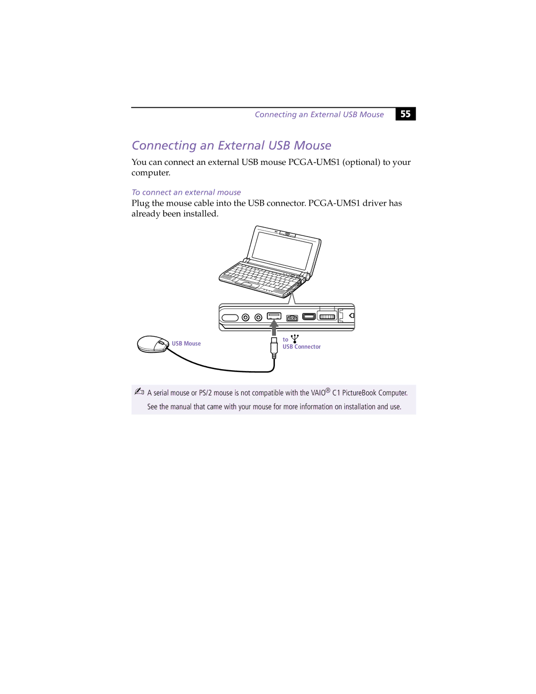 Sony PCG-C1XS manual Connecting an External USB Mouse, To connect an external mouse 