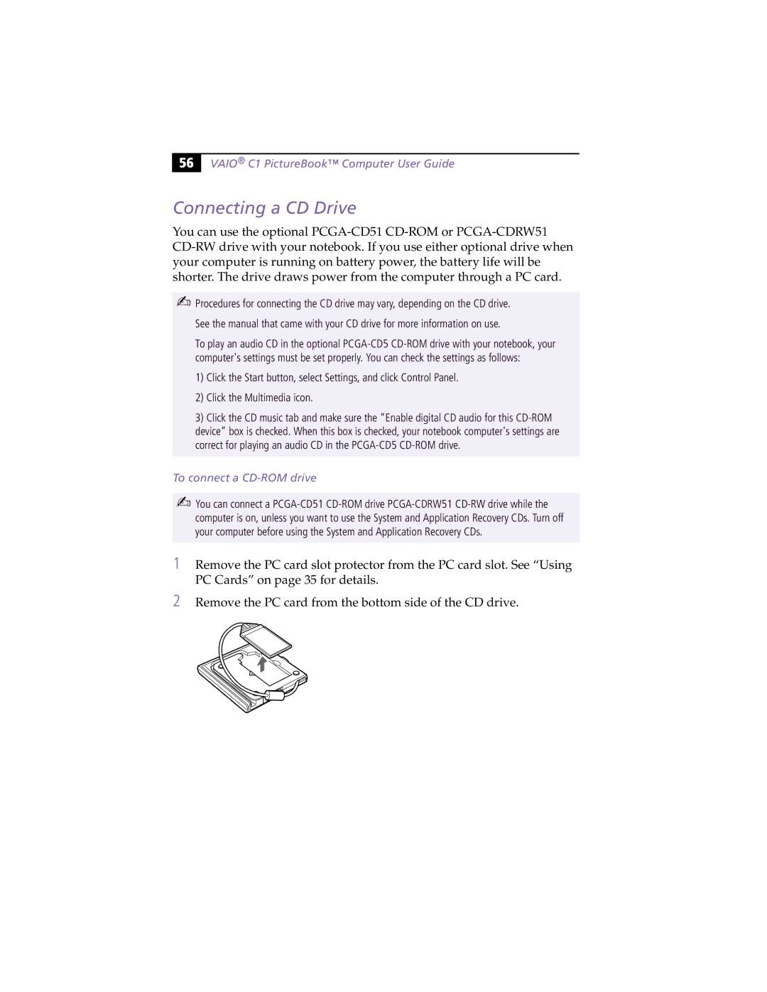 Sony PCG-C1XS manual Connecting a CD Drive, To connect a CD-ROM drive 