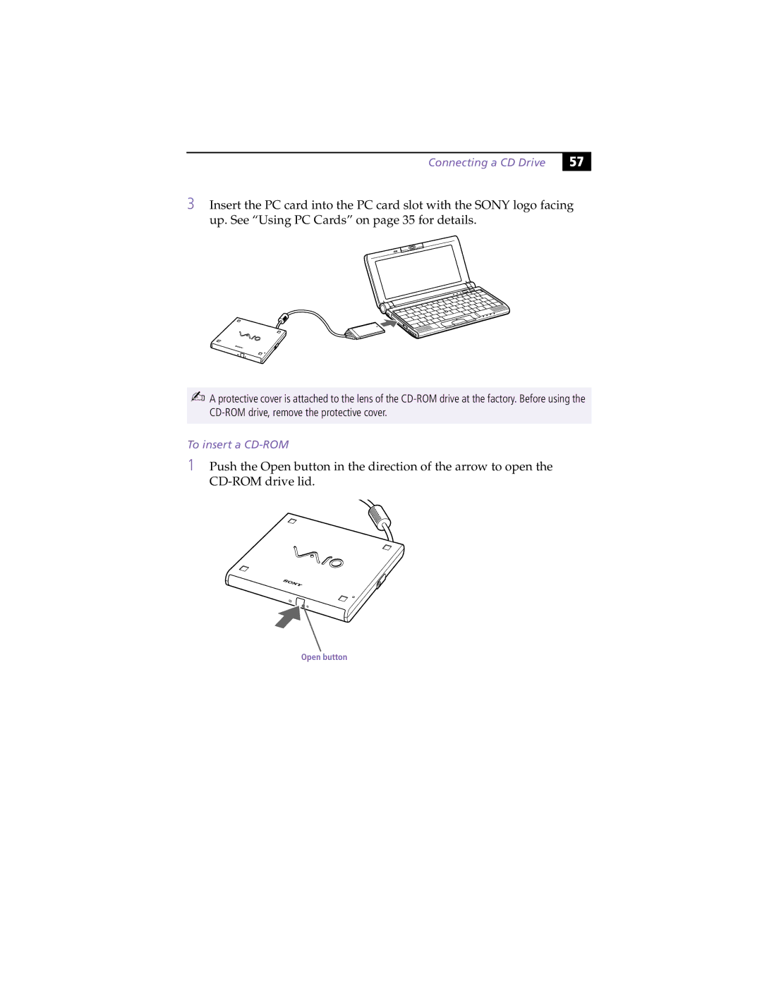 Sony PCG-C1XS manual Connecting a CD Drive, To insert a CD-ROM 