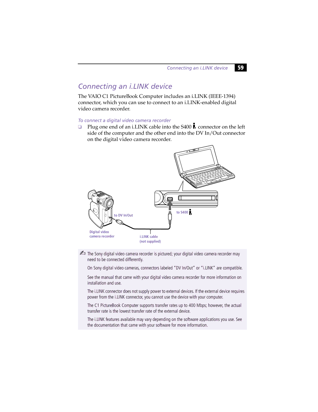 Sony PCG-C1XS manual Connecting an i.LINK device, To connect a digital video camera recorder 