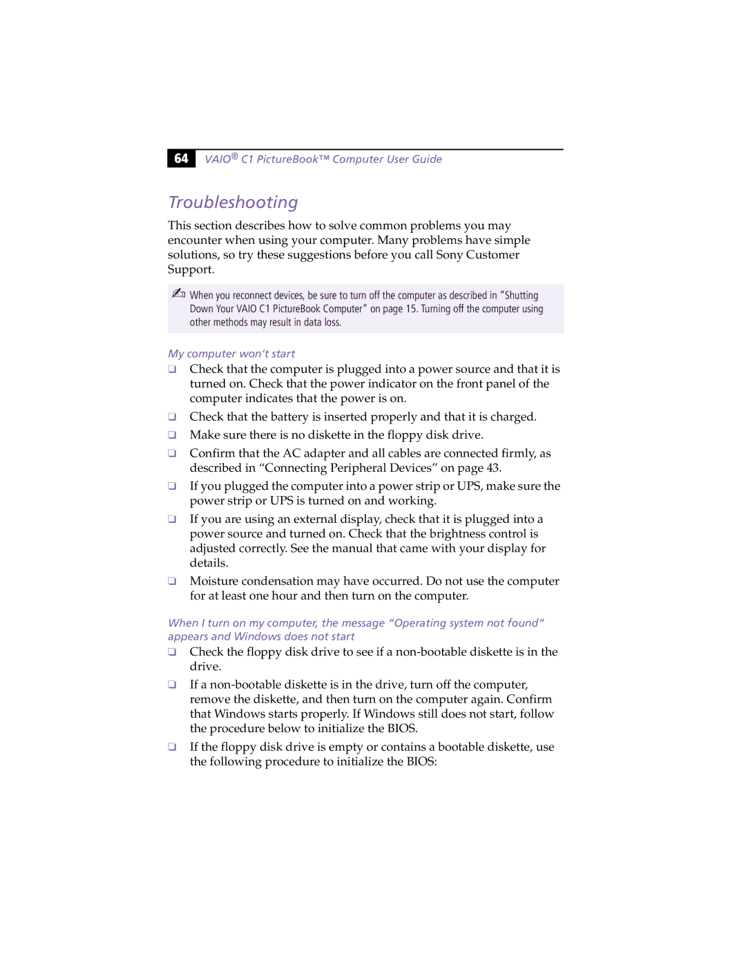 Sony PCG-C1XS manual Troubleshooting, My computer won’t start 