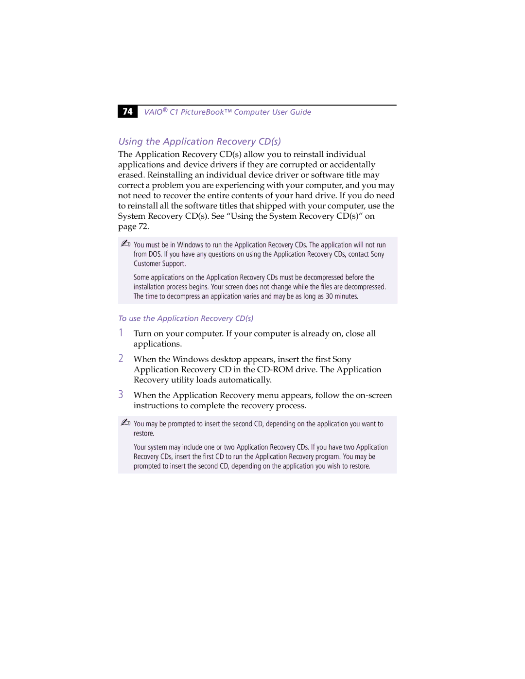 Sony PCG-C1XS manual Using the Application Recovery CDs, To use the Application Recovery CDs 