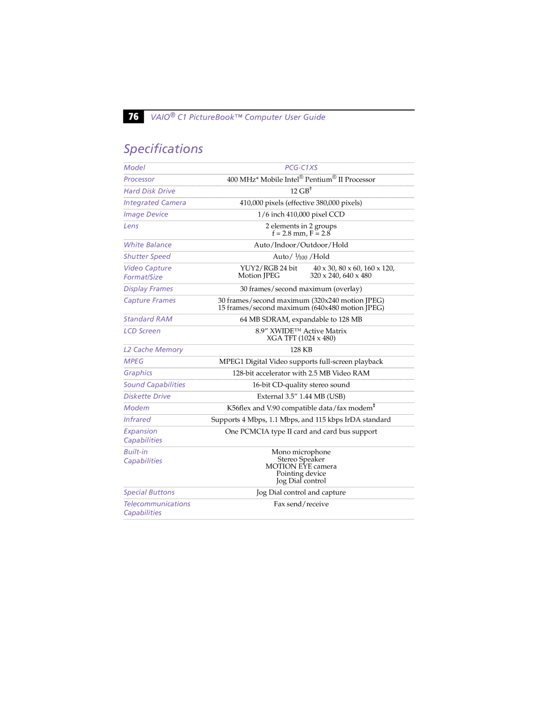 Sony PCG-C1XS manual Specifications, Mpeg 