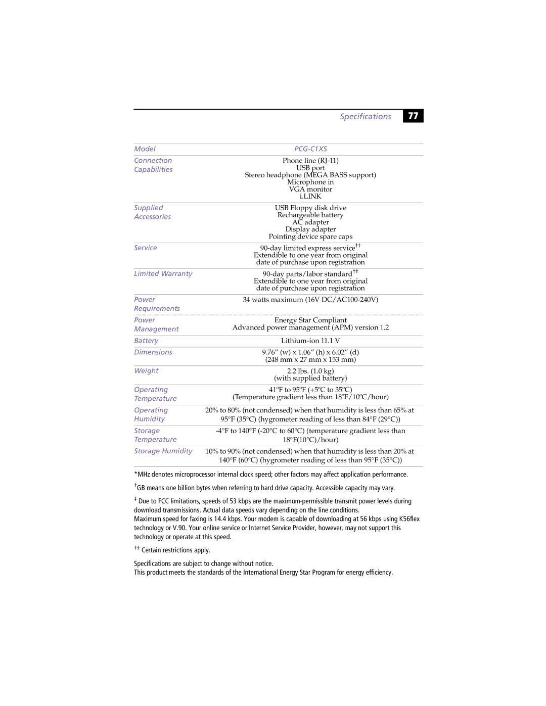 Sony PCG-C1XS manual Specifications, Service 