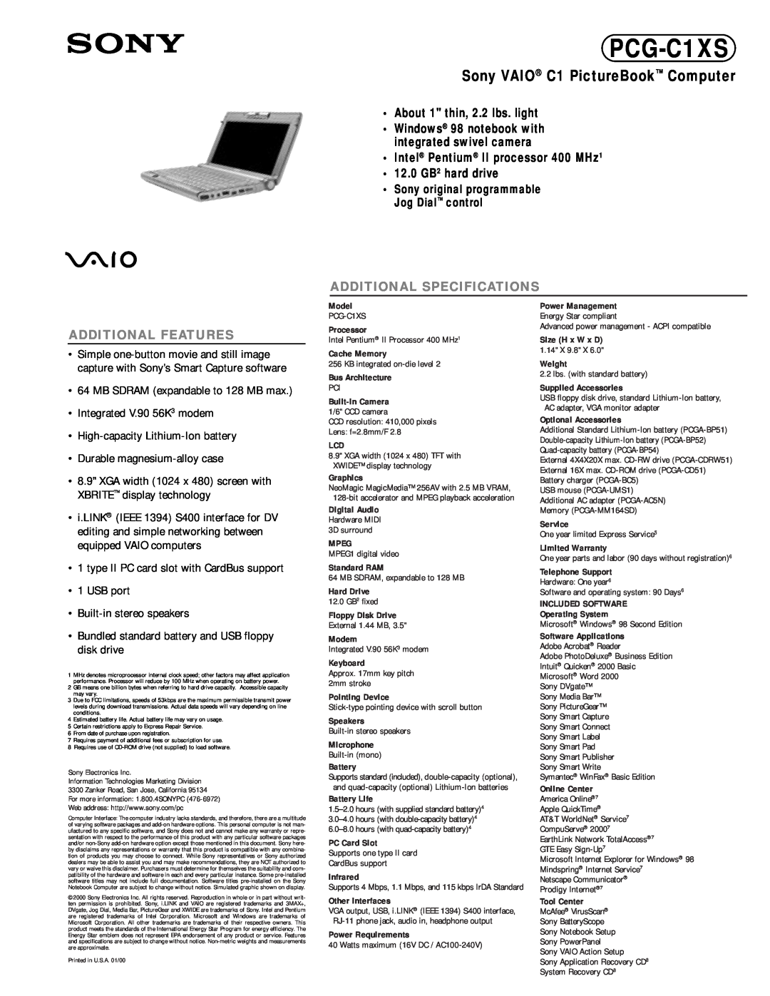 Sony PCG-C1XS warranty Sony VAIO C1 PictureBook Computer, About 1 thin, 2.2 lbs. light, Additional Specifications 